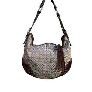 COACH Lg Brown Signature Jacquard Print and Leather Hobo Bag Purse #2158